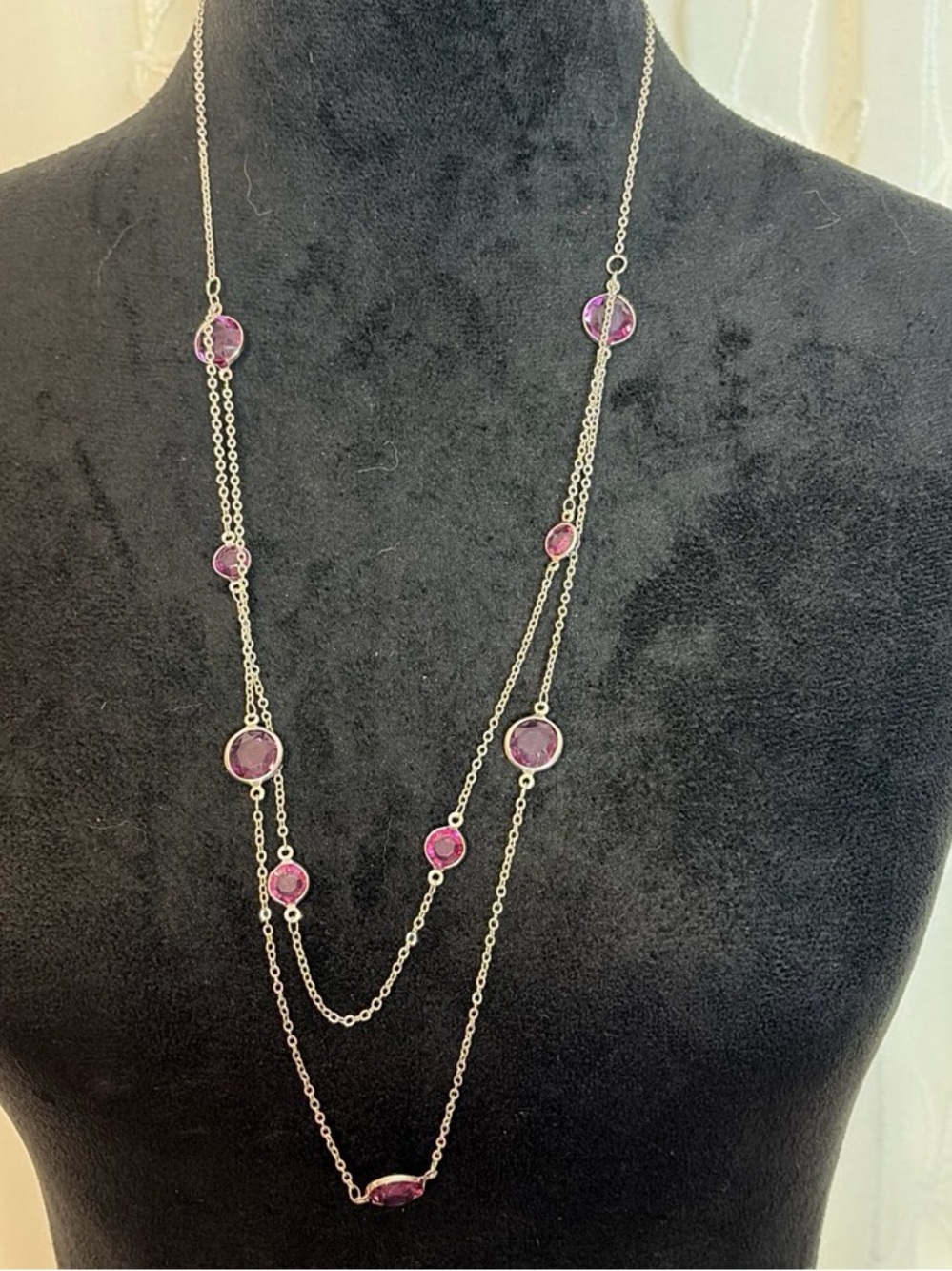 Elegant Long Silver Necklace with clear Pink Gem Accents